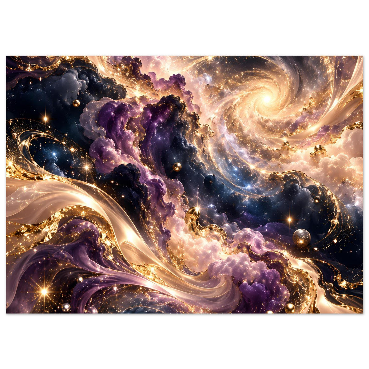 Kosmischer Kunstdruck mit violetten Wolken, goldenen Schleifen und Spiralnebel, horizontal