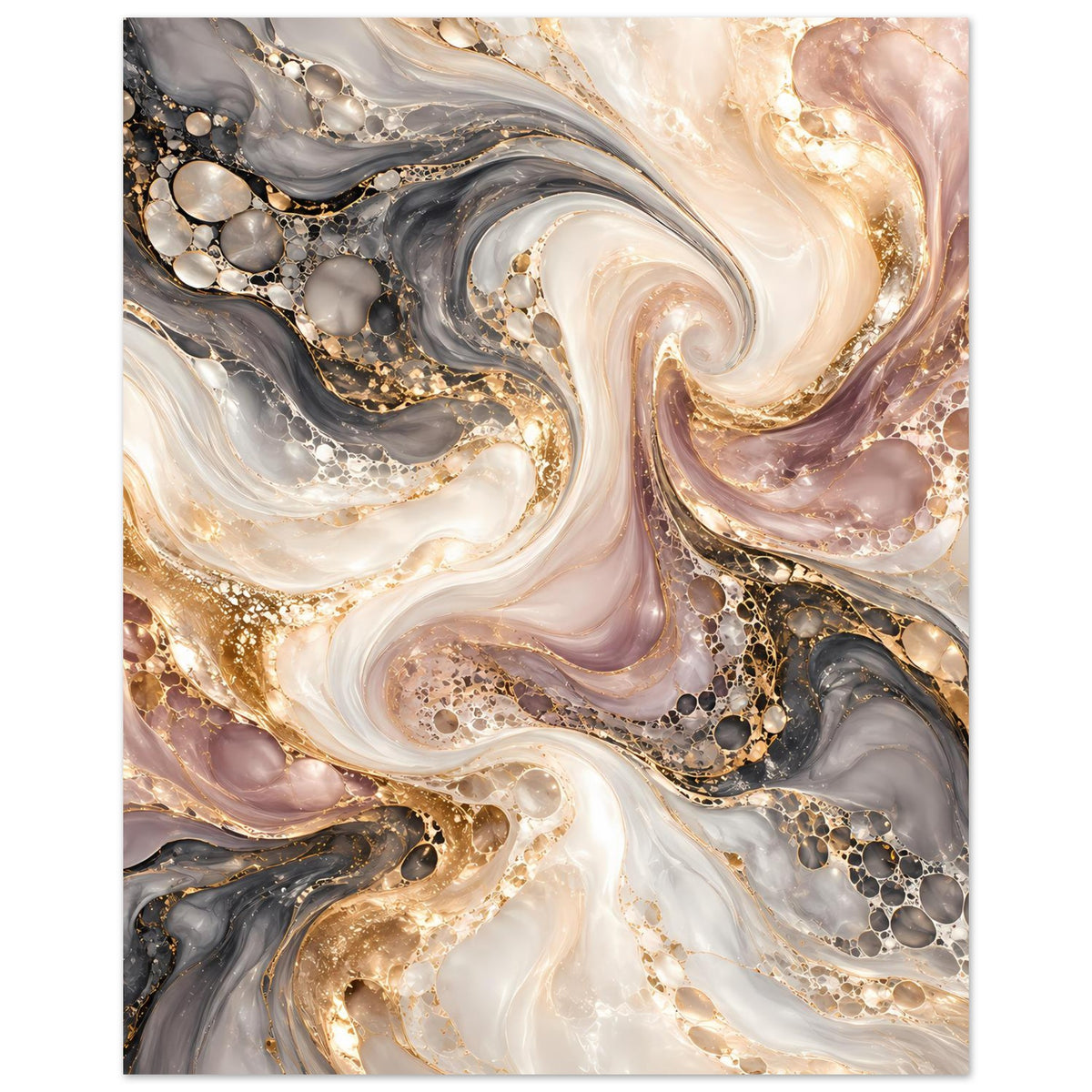 Marmorposter im Hochformat mit abstrakten Gold-Details, Creme, Grau und Rosanuancen