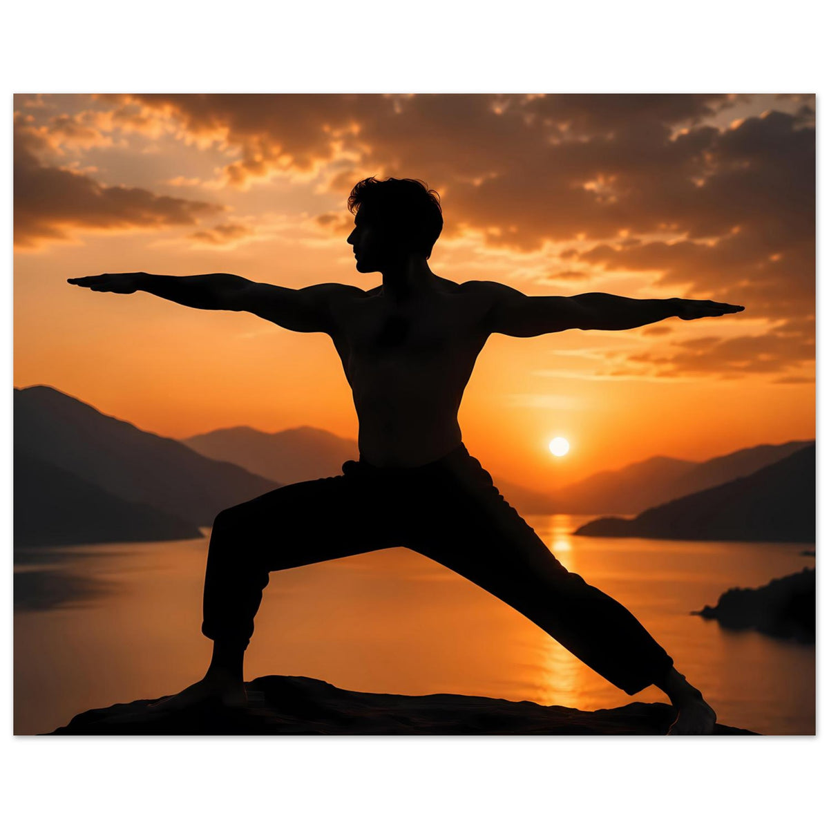Yoga-Krieger-Pose Poster mit dunkler Silhouette beim Sonnenuntergang, horizontal