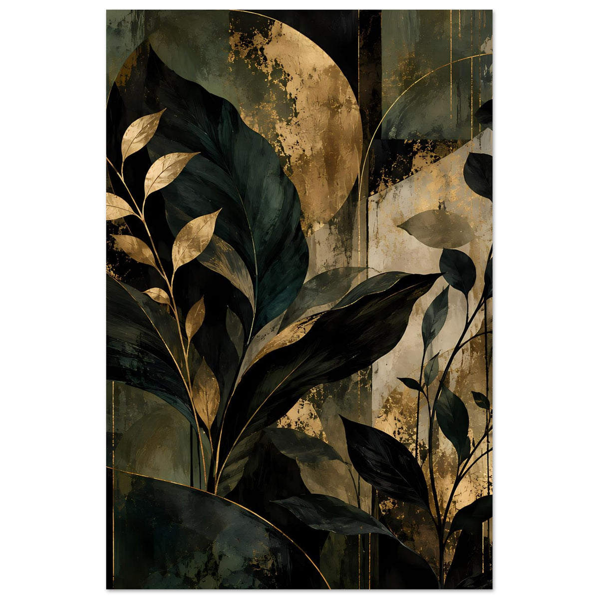 Botanisches Kunstposter mit dunklen grünen und goldenen Blättern, vertikales Motiv.