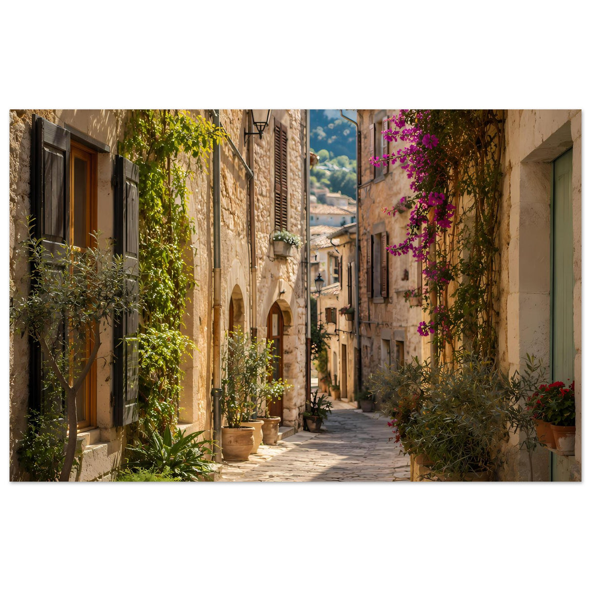 Mediterraner Posterdruck im Querformat: Gasse mit Ziegelrohren, blühenden Reben und Pflanzenkübeln