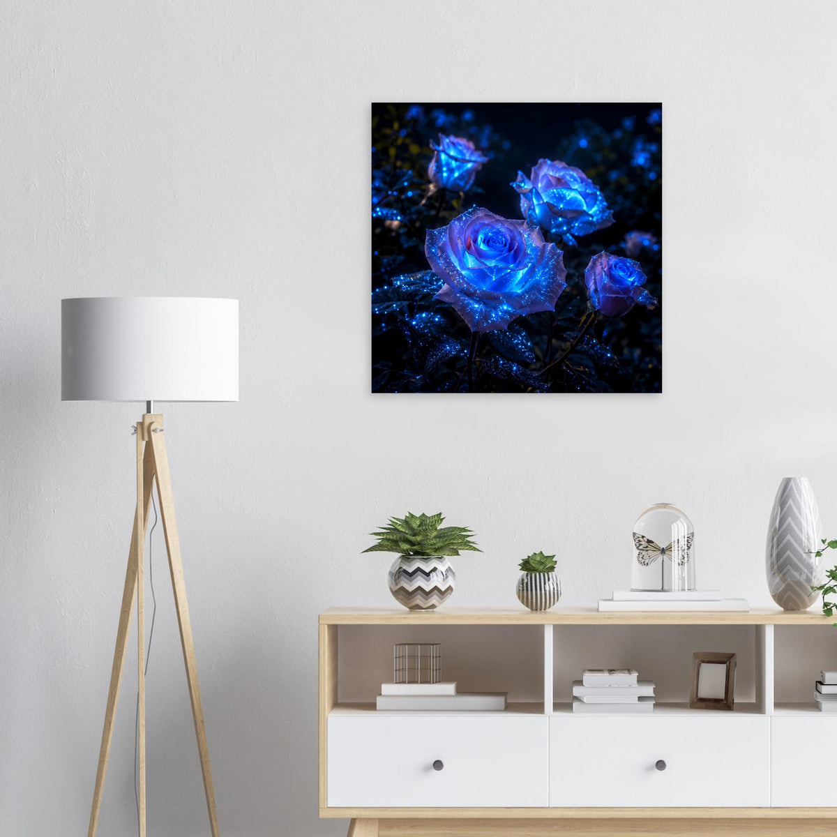 Quadratisches Poster mit leuchtenden blauen Rosenblüten im intensiven Blauton