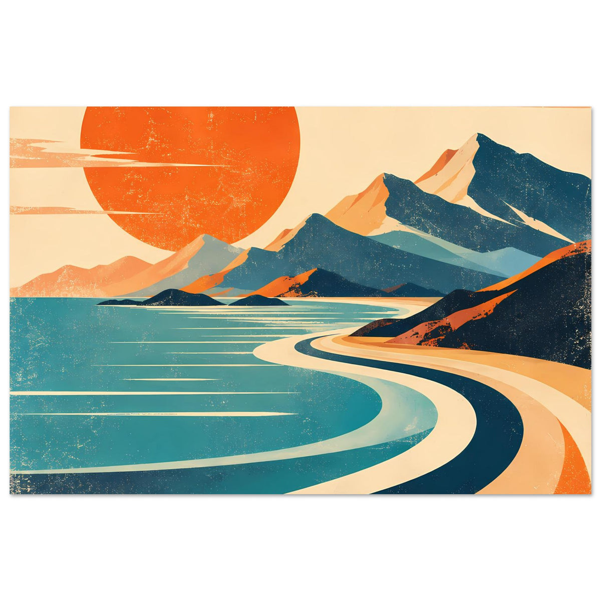 Querformatiges Vintage-Poster mit großer orangefarbener Sonne, blauen Bergen und Wellen in Türkis