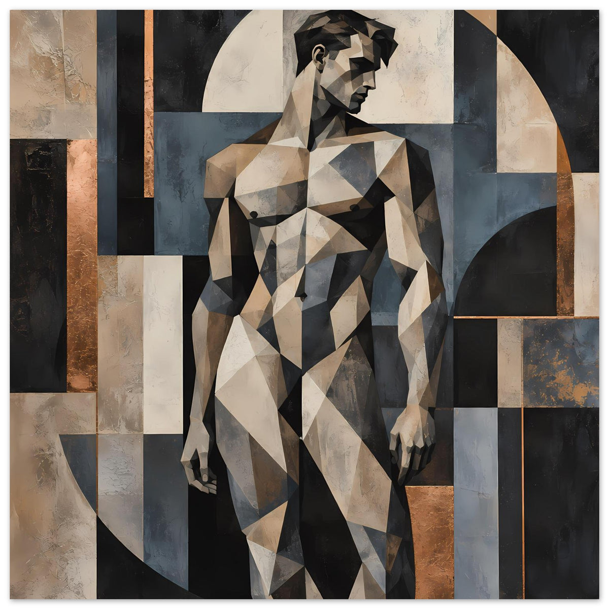 Kunstposter mit geometrischer Aktfigur: polygonale Frau, warme Beige- und Dunkelgrautöne