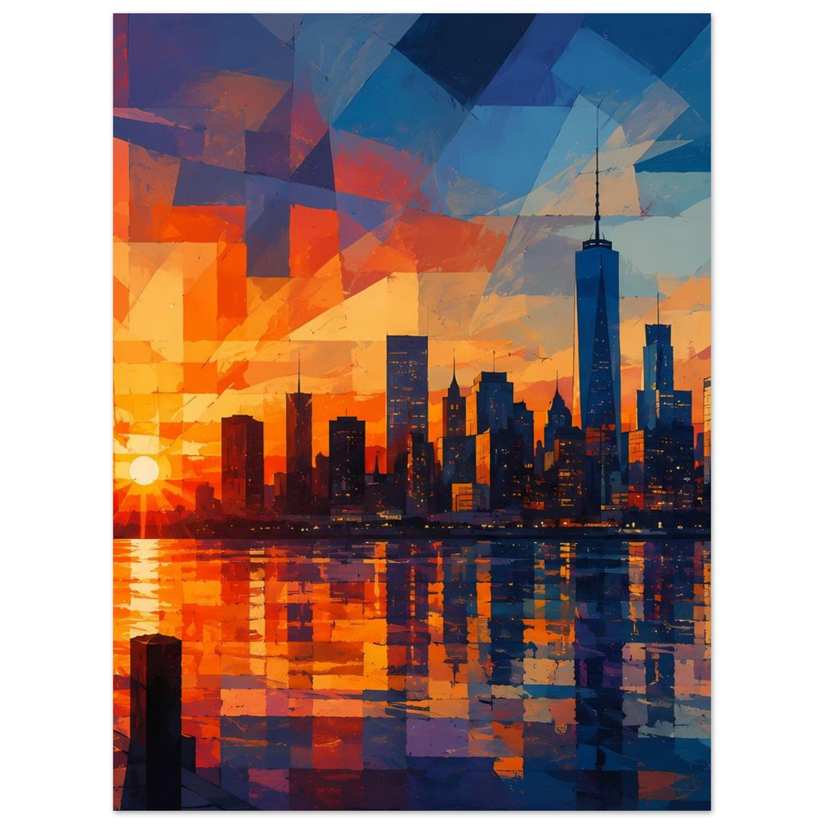 Poster mit abstraktem Cityscape-Gebäudeensemble bei Sonnenuntergang, Spiegelung im Wasser, geometrisch