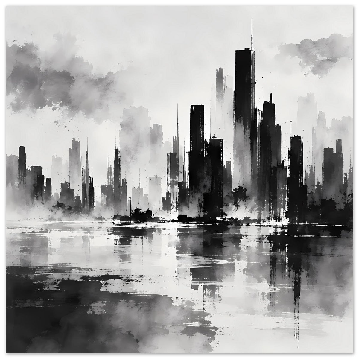 Schwarzweiß-Poster mit breiter Stadtsilhouette und Spiegelung auf glattem Wasser