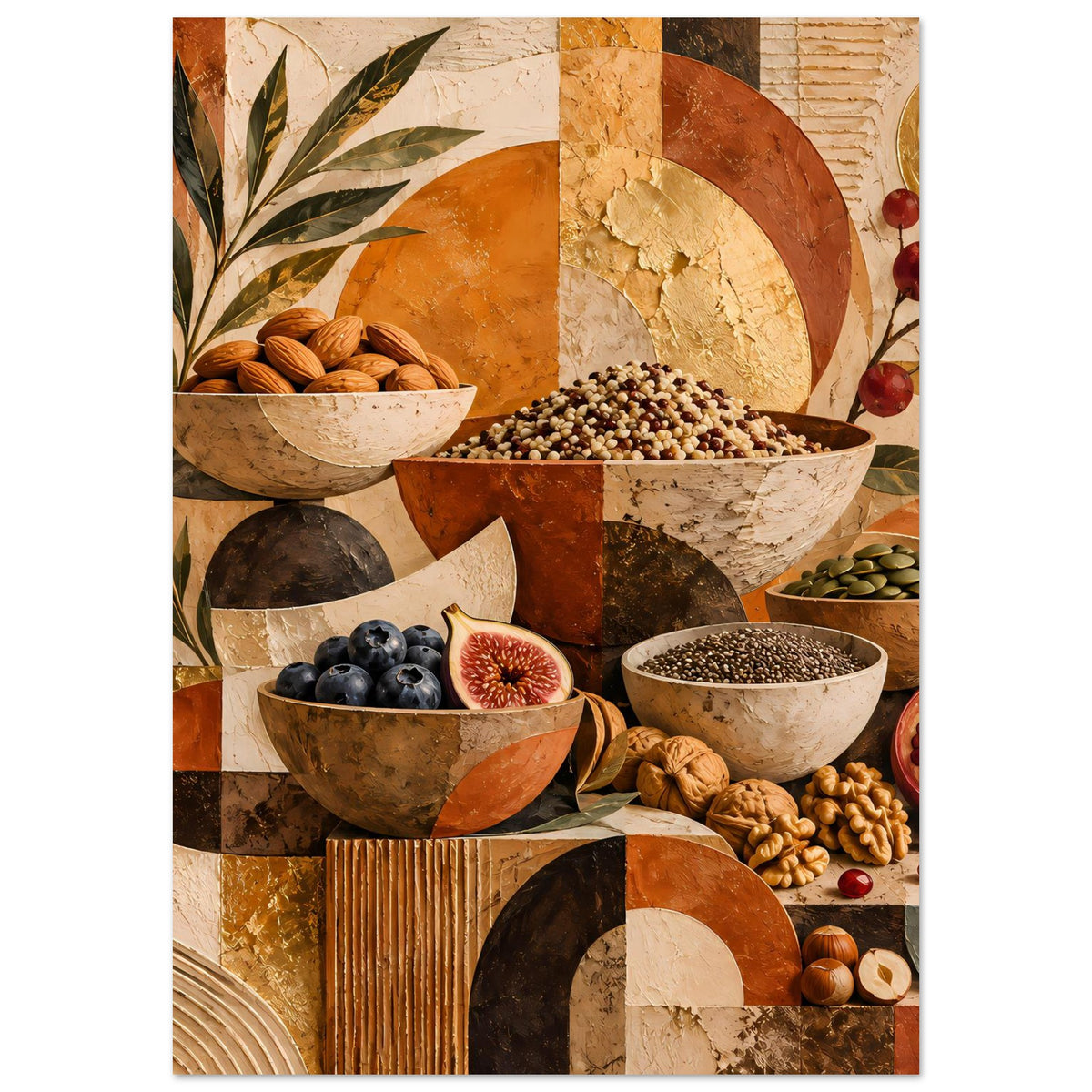 Rustikales Poster mit Schalen und Beeren, warmes Hintergrunddesign mit Pflanzen und Kreisen