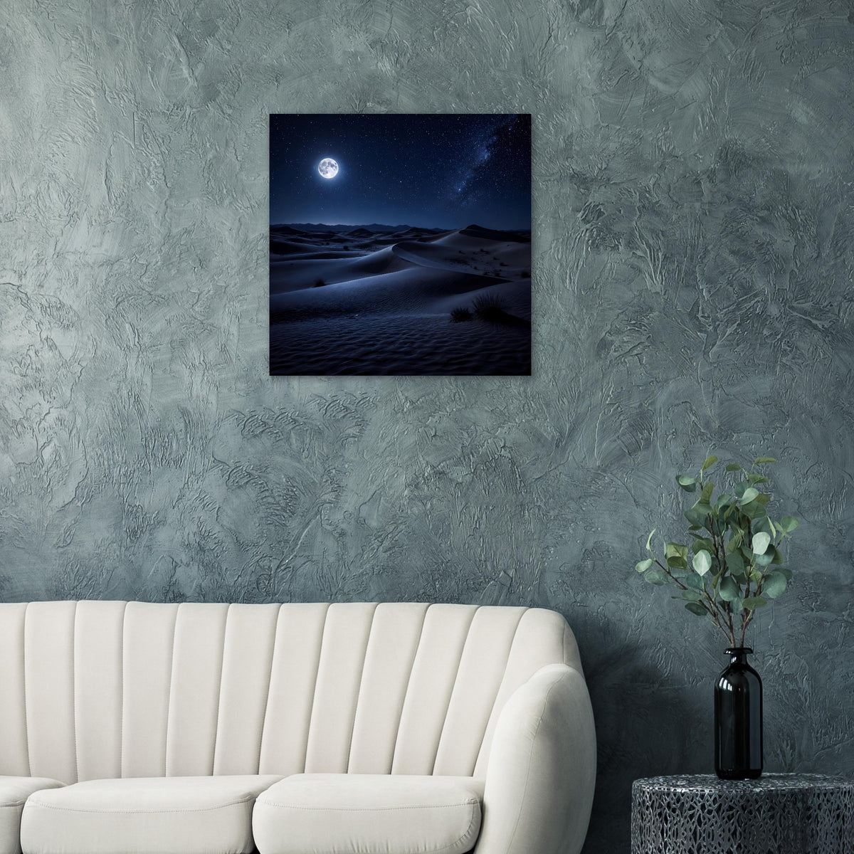 Wüstenlandschaftsposter mit Mond über Sanddünen bei Nacht vor sternreichem Himmel
