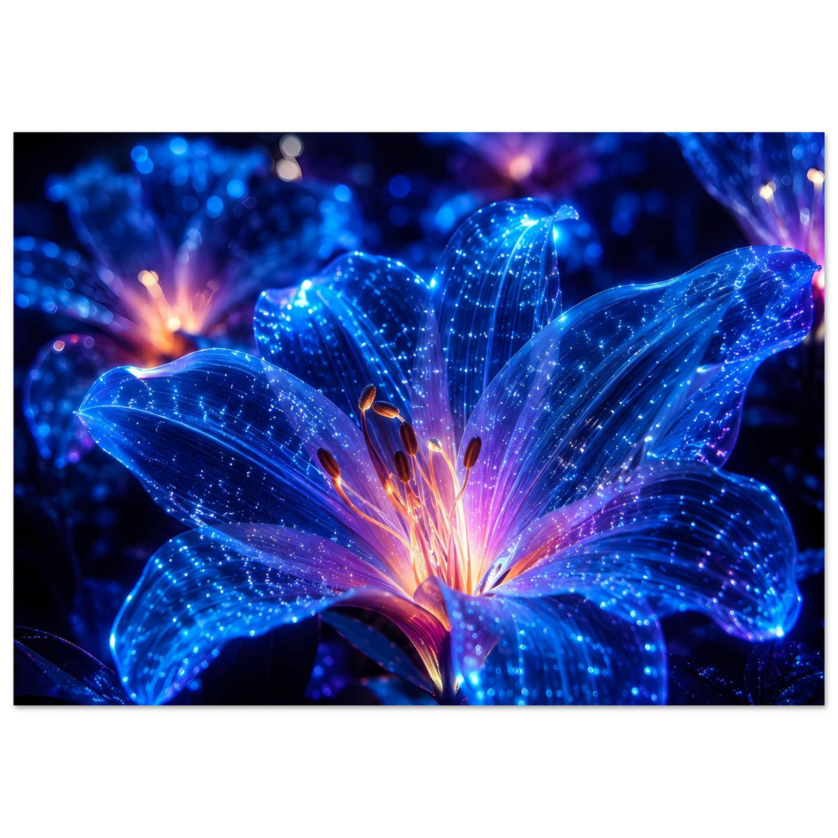 Blumenposter im Querformat: blau leuchtende Blüte mit feinen Lichtstreifen und Punkten
