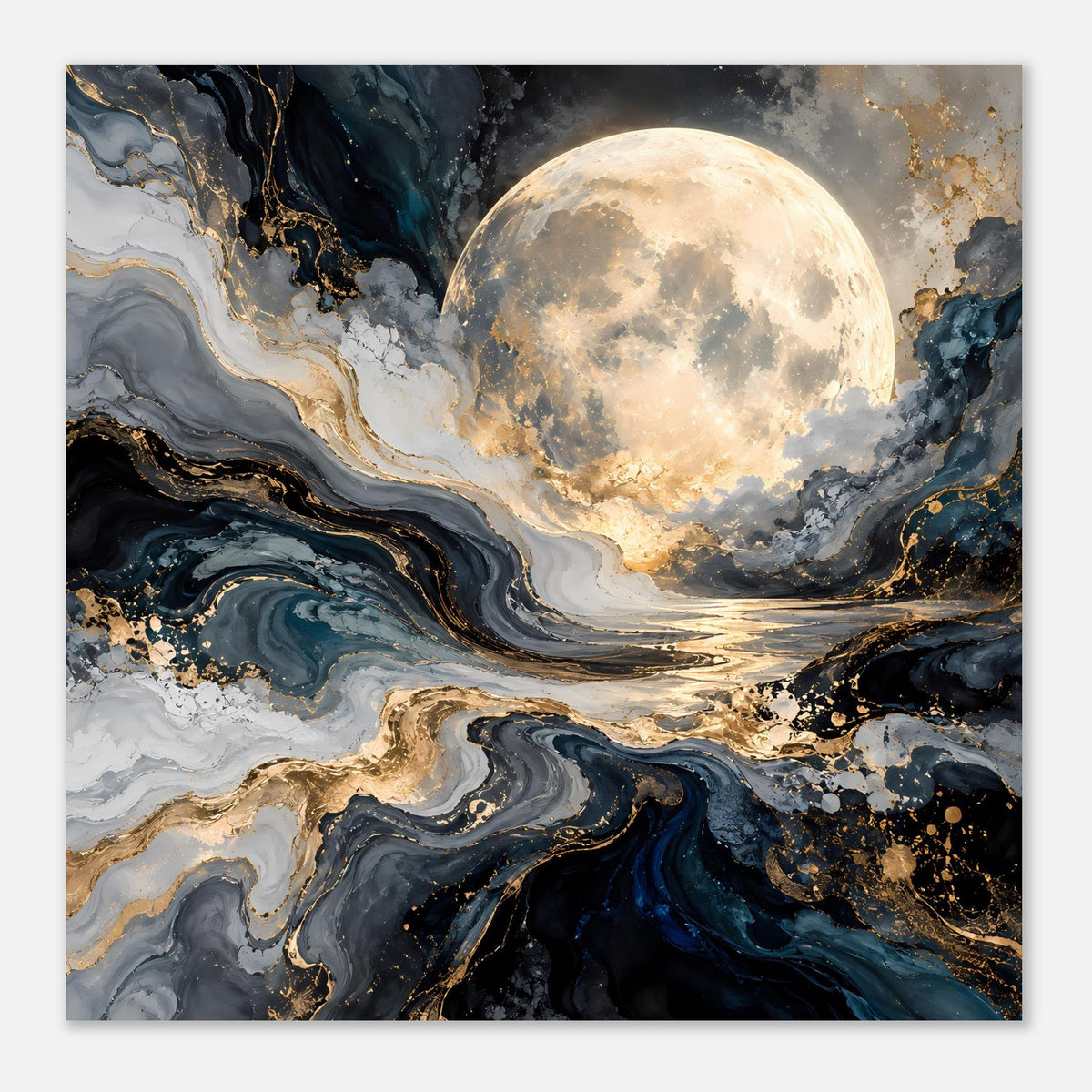 Querformat-Poster: Mond über abstrakter Strömung aus Blau, Grau und Gold