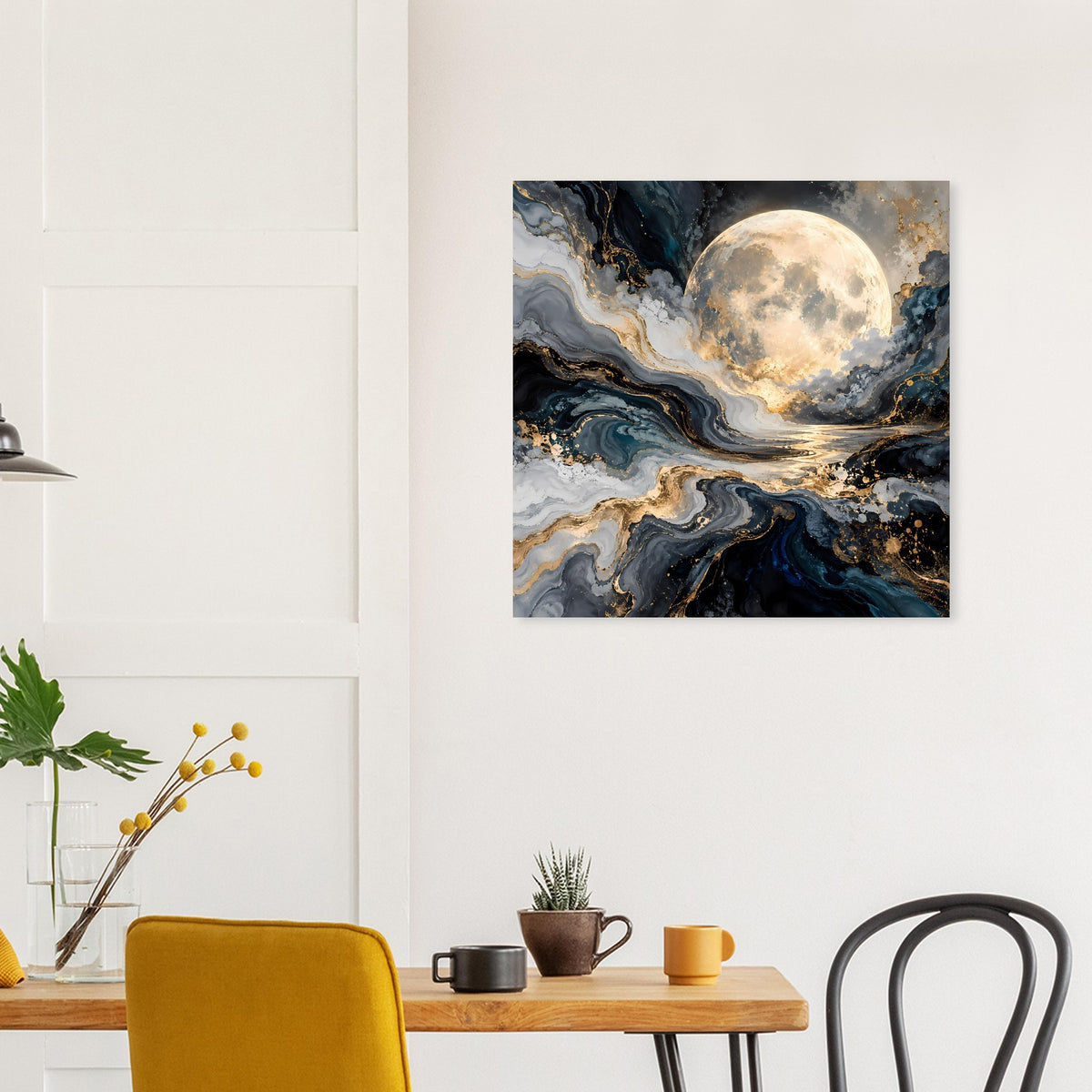 Quadratisches, gerahmtes Wandposter mit Mondscheibe und goldenen Farbverläufen