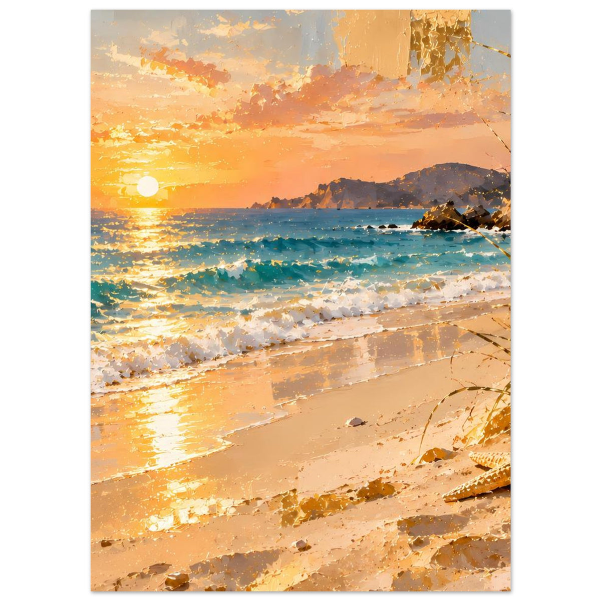 Vertikales Poster mit Strand bei Sonnenuntergang, Sonne über dem Horizont und sanften Wellen