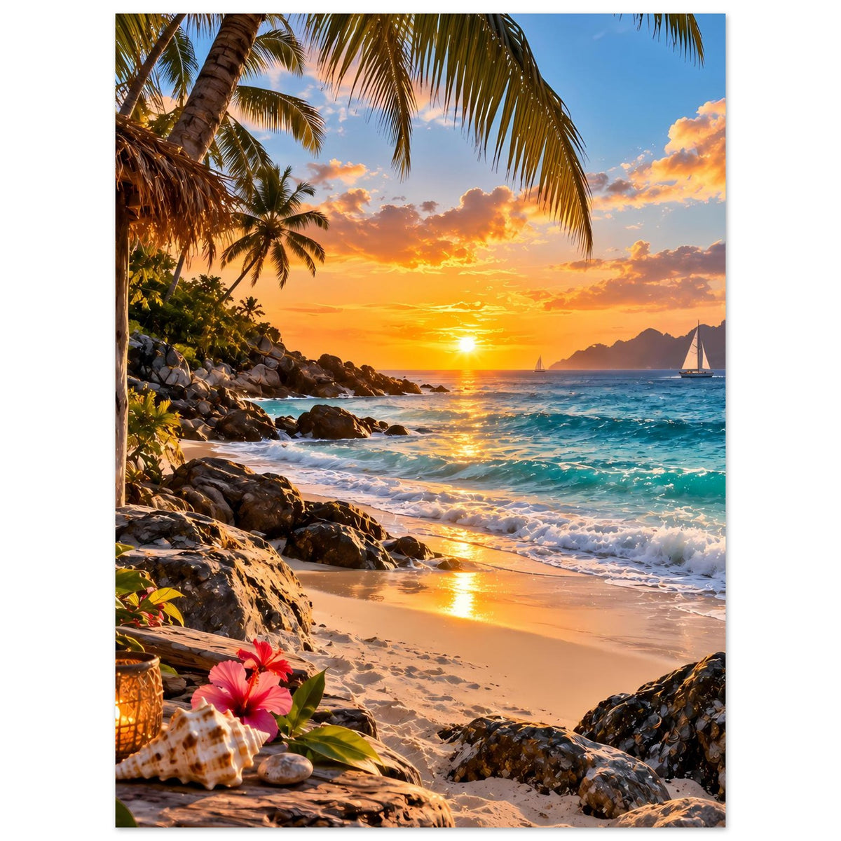 Poster tropischer Strand bei Sonnenuntergang im Hochformat: Palmen, Meer, Felsen und Blumen