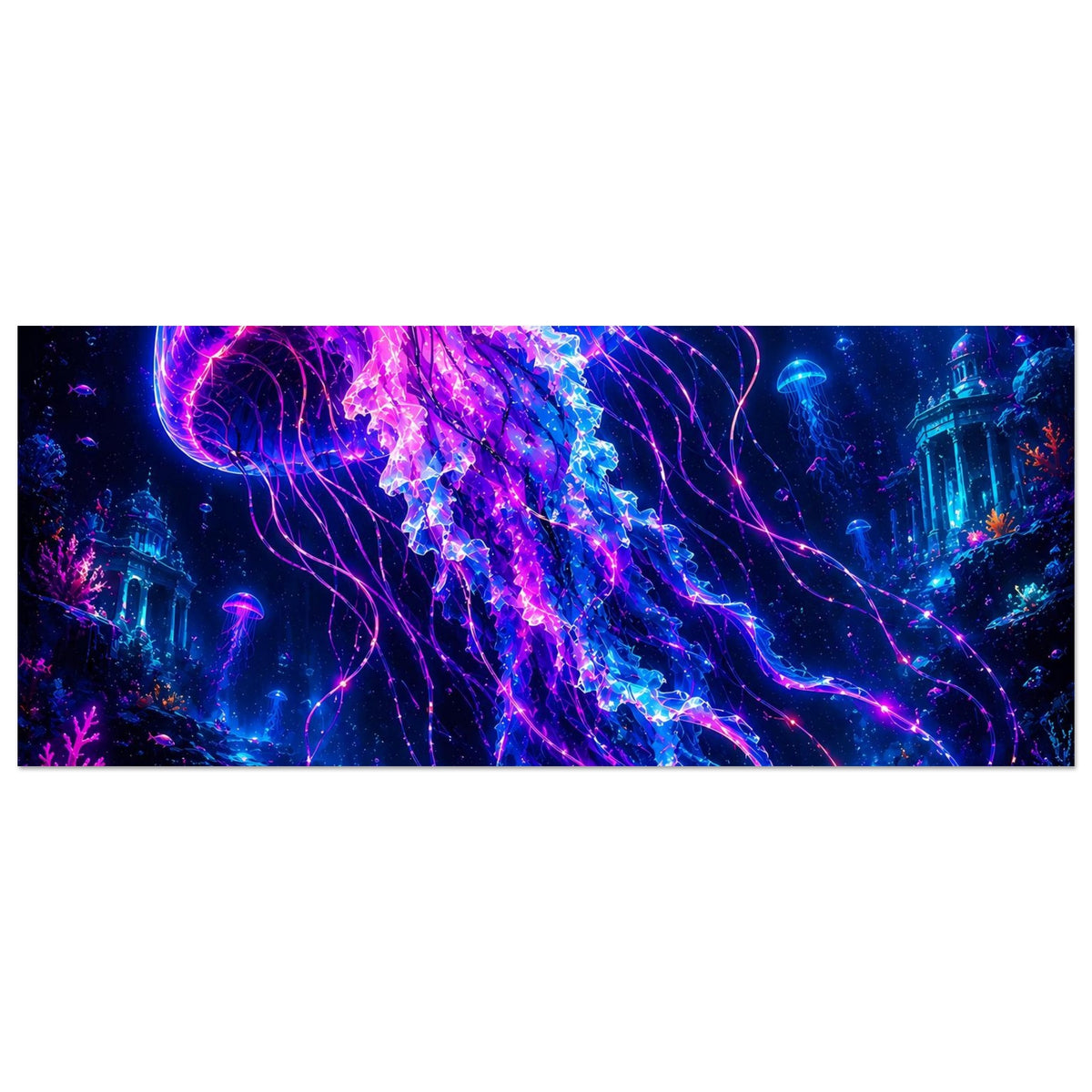 Poster im Querformat: leuchtende Qualle und Neon-Linien, Fokus auf mittleren Bildbereich
