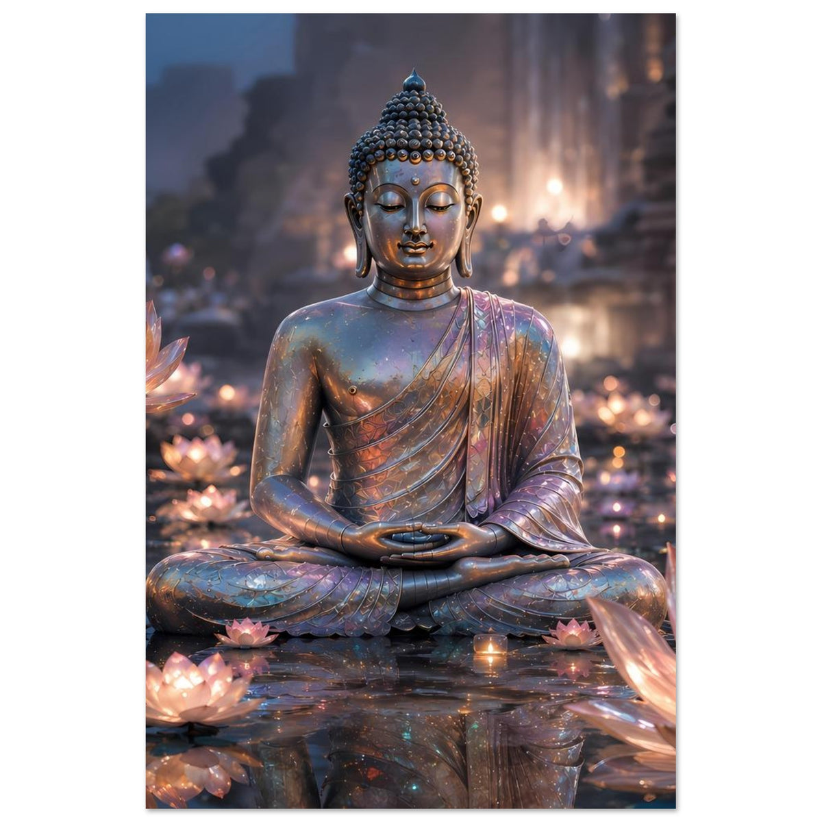 Buddha-Meditationsposter (vertikal): sitzender Buddha mit leuchtenden Lotusblüten im Artwork