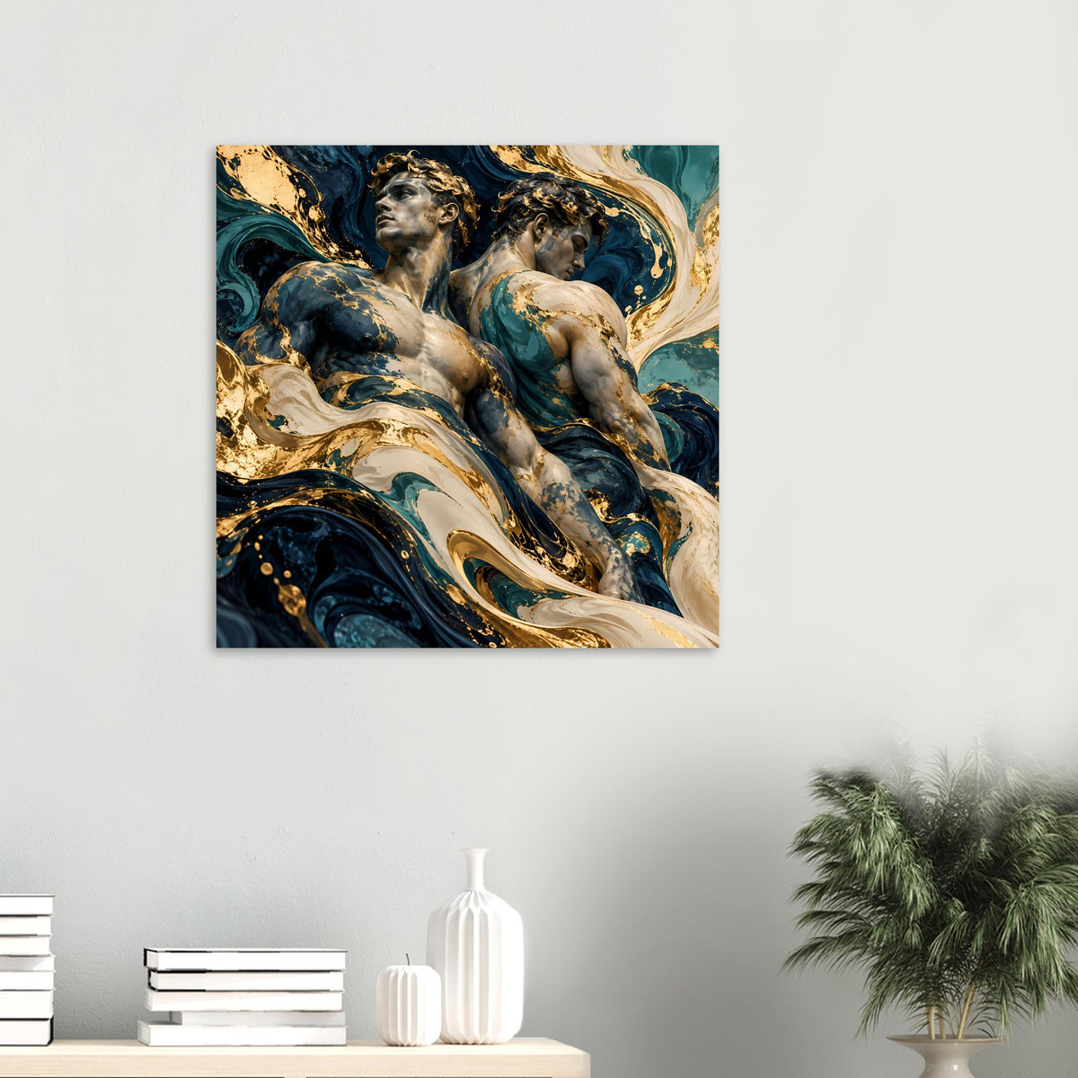 Kleines Kunstposter mit antiken Figuren in Blau-Gold, quadratisch