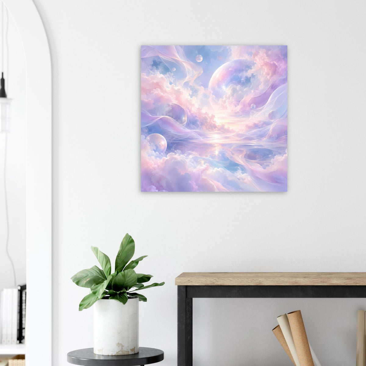 Quadratisches Poster mit pastellfarbenen Wolken, blauen Verläufen und rosa Lichtschein.