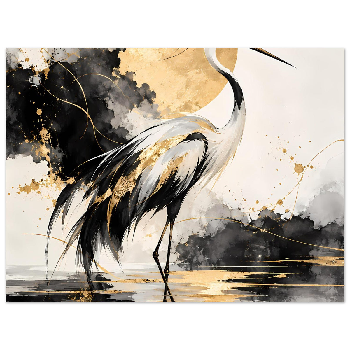 Vogelposter mit Nahansicht des Kranichs, schwarzem Federkleid und goldenen Spritzern
