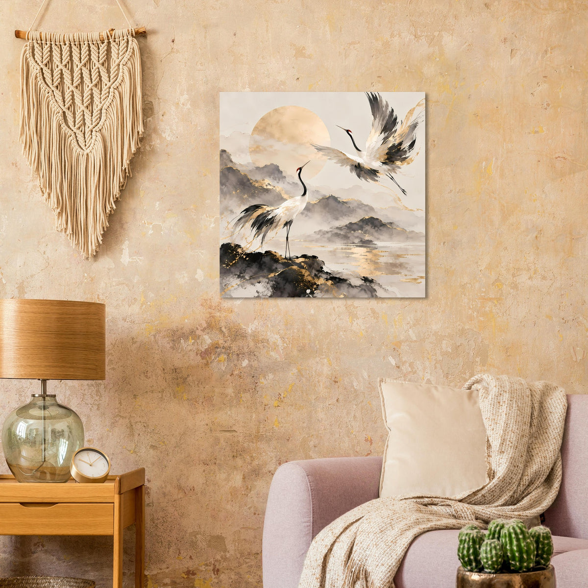 Wandposter mit zwei Kranichen im Aquarellstil, Gold- und Grautöne, quadratisch