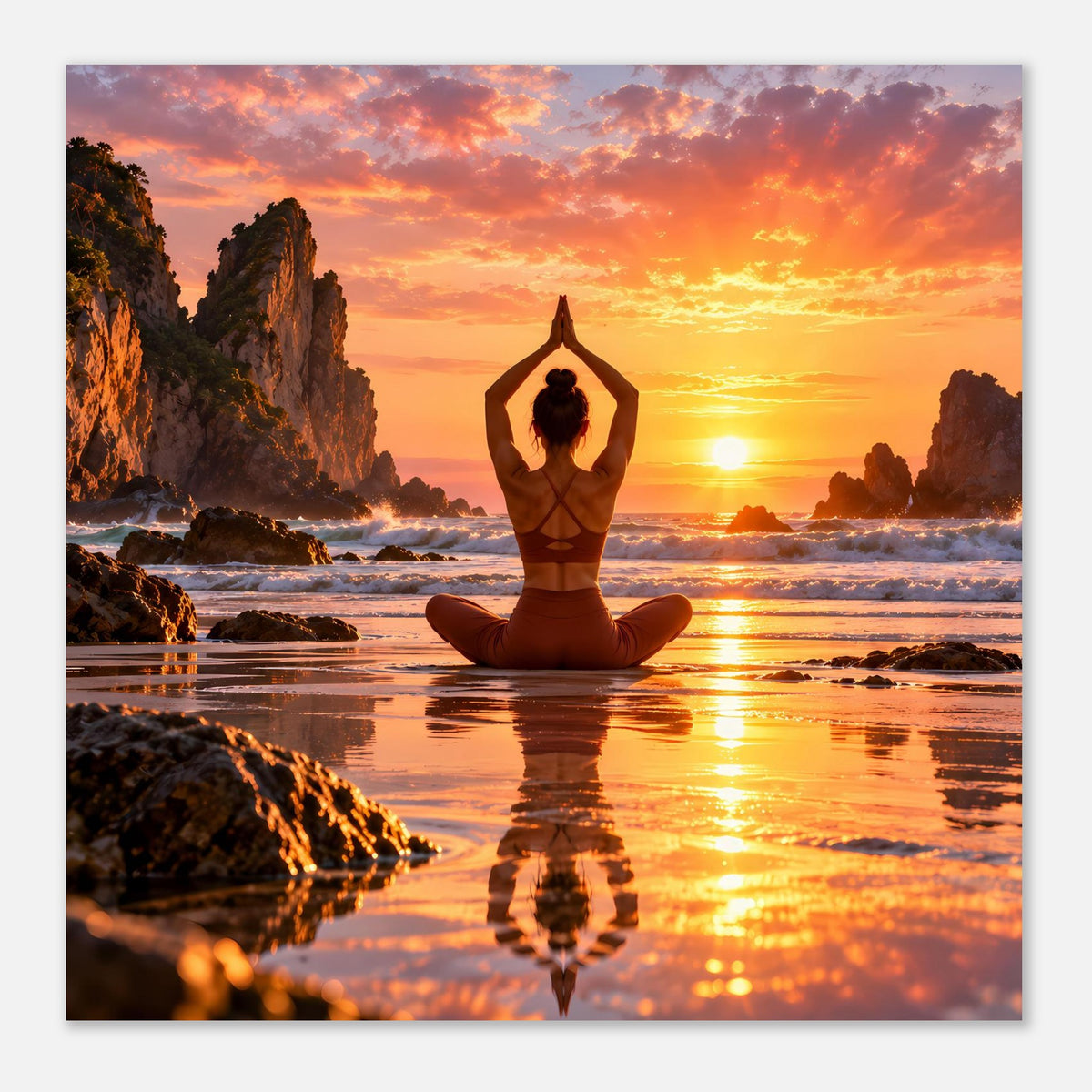 Yoga-Poster, mattes Papier (Hochformat): Frau im Lotossitz bei Sonnenuntergang am Strand