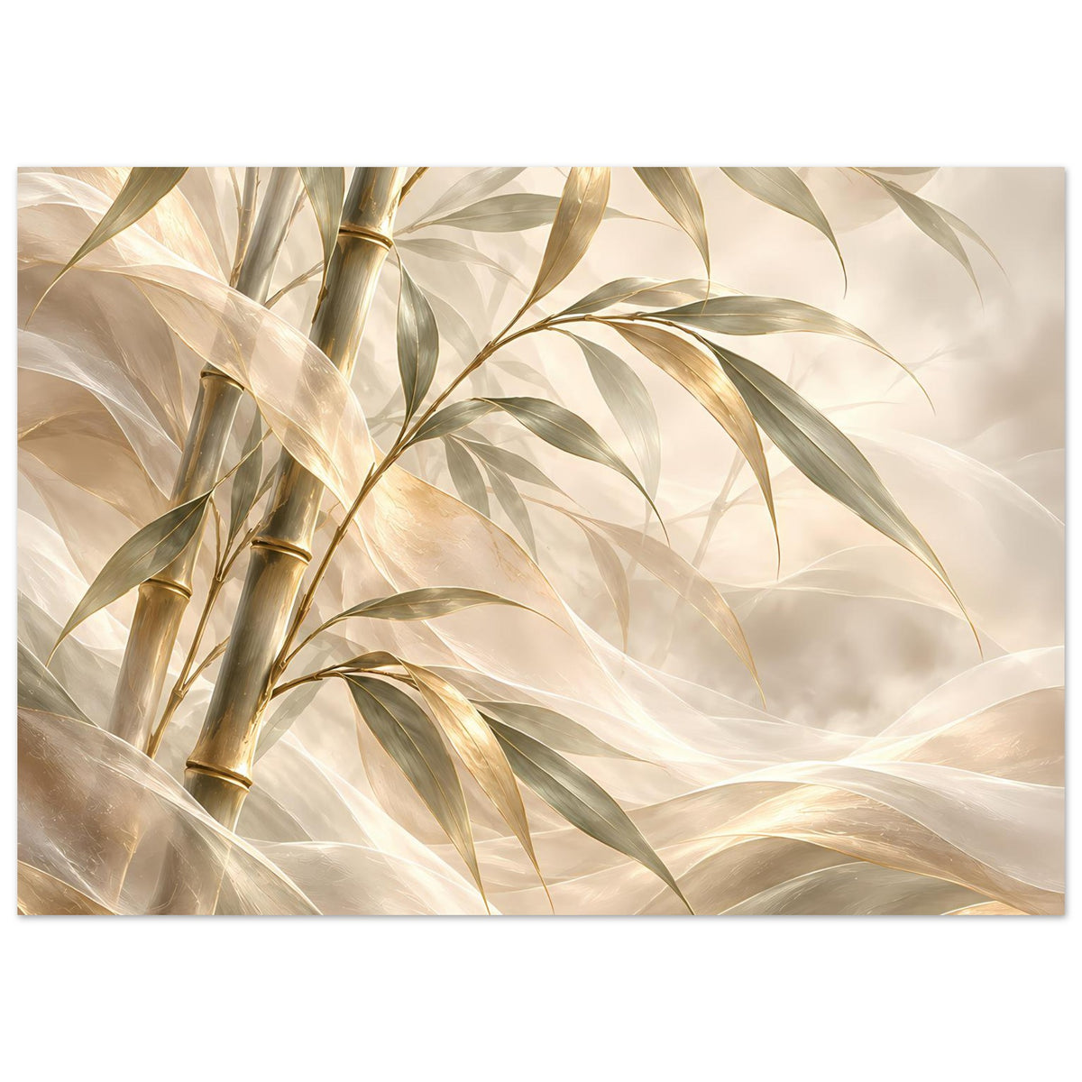 Bambus-Poster mit Bambusblättern und goldenen Halmen, sanfte Elfenbeinfarben, horizontal