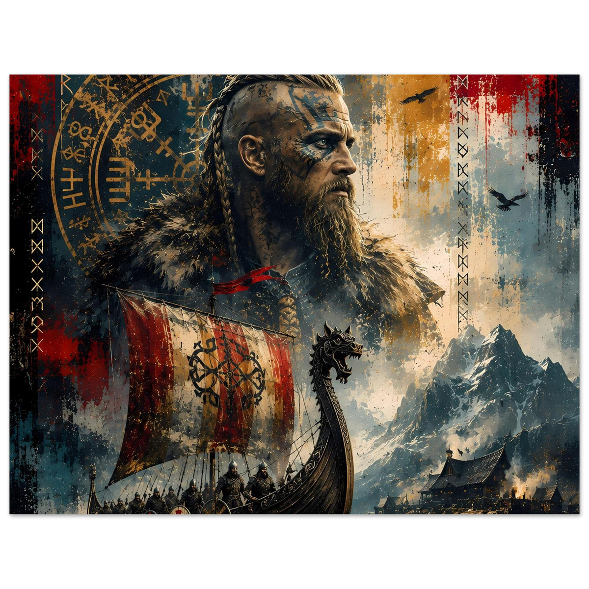 Wikinger-Legendenposter mit bärtigem Nordmann, Banner-Schild und Schiffen im Meer