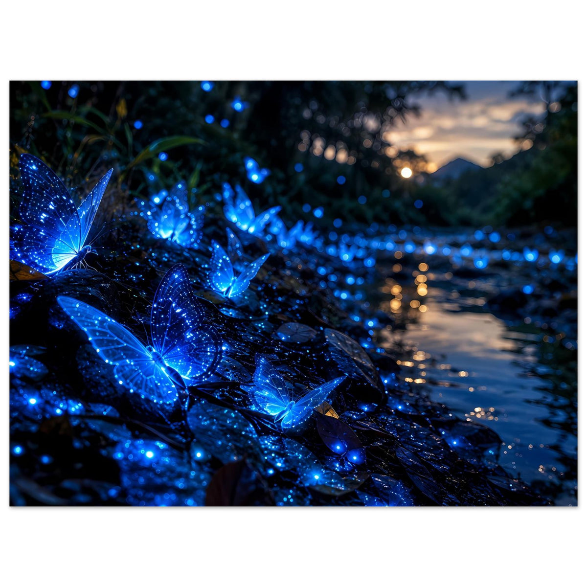 Schmetterlingsposter mit blau leuchtenden Flügeln und Glitzerpartikeln, Panorama