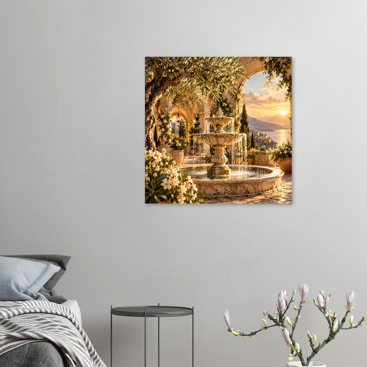 Wandposter im Quadratformat: Springbrunnen mit Fontänen, Blumen und warmem Sonnenuntergang