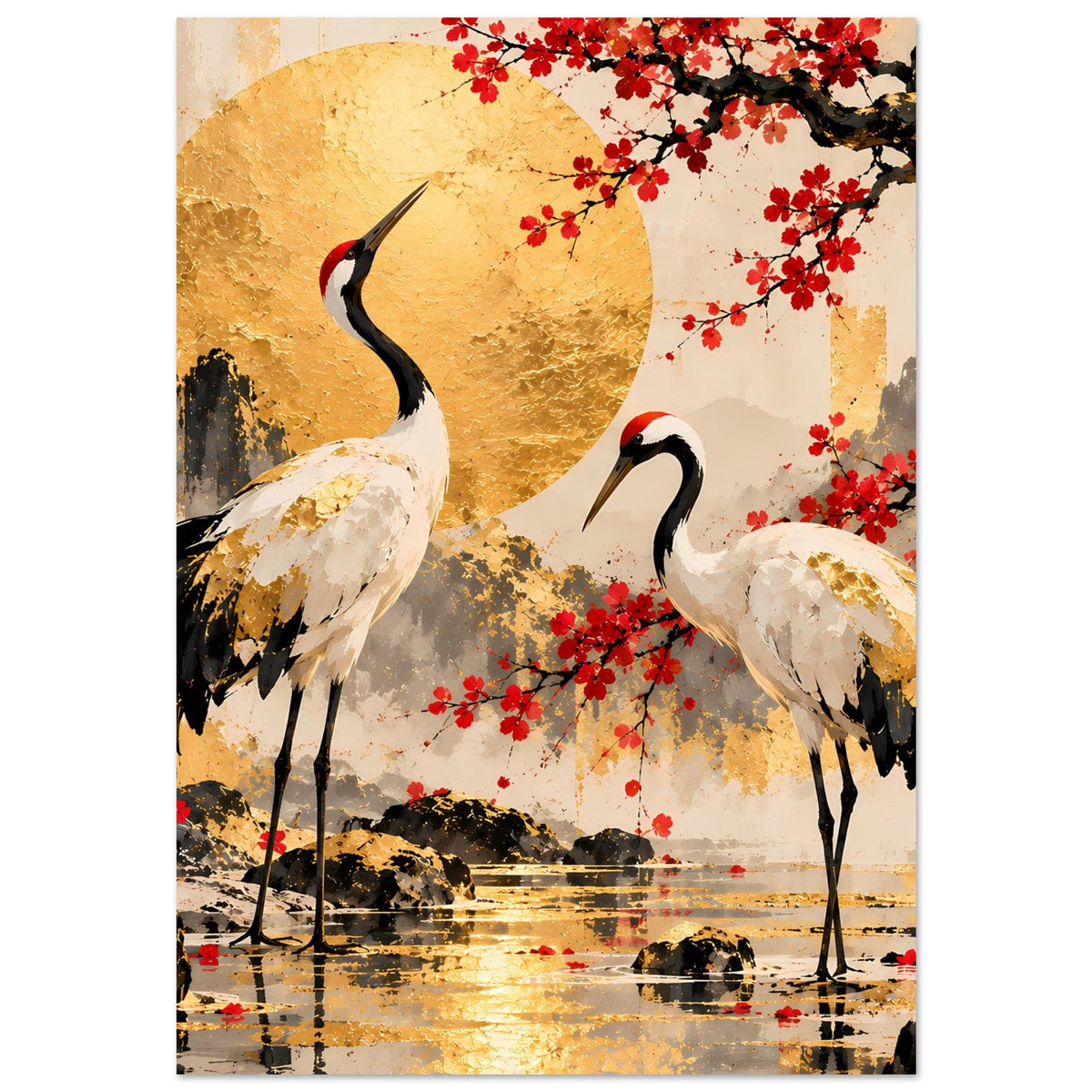 Poster mit zwei Kranichen vor goldenem Mond, roten Kirschblüten und ruhiger Uferlinie