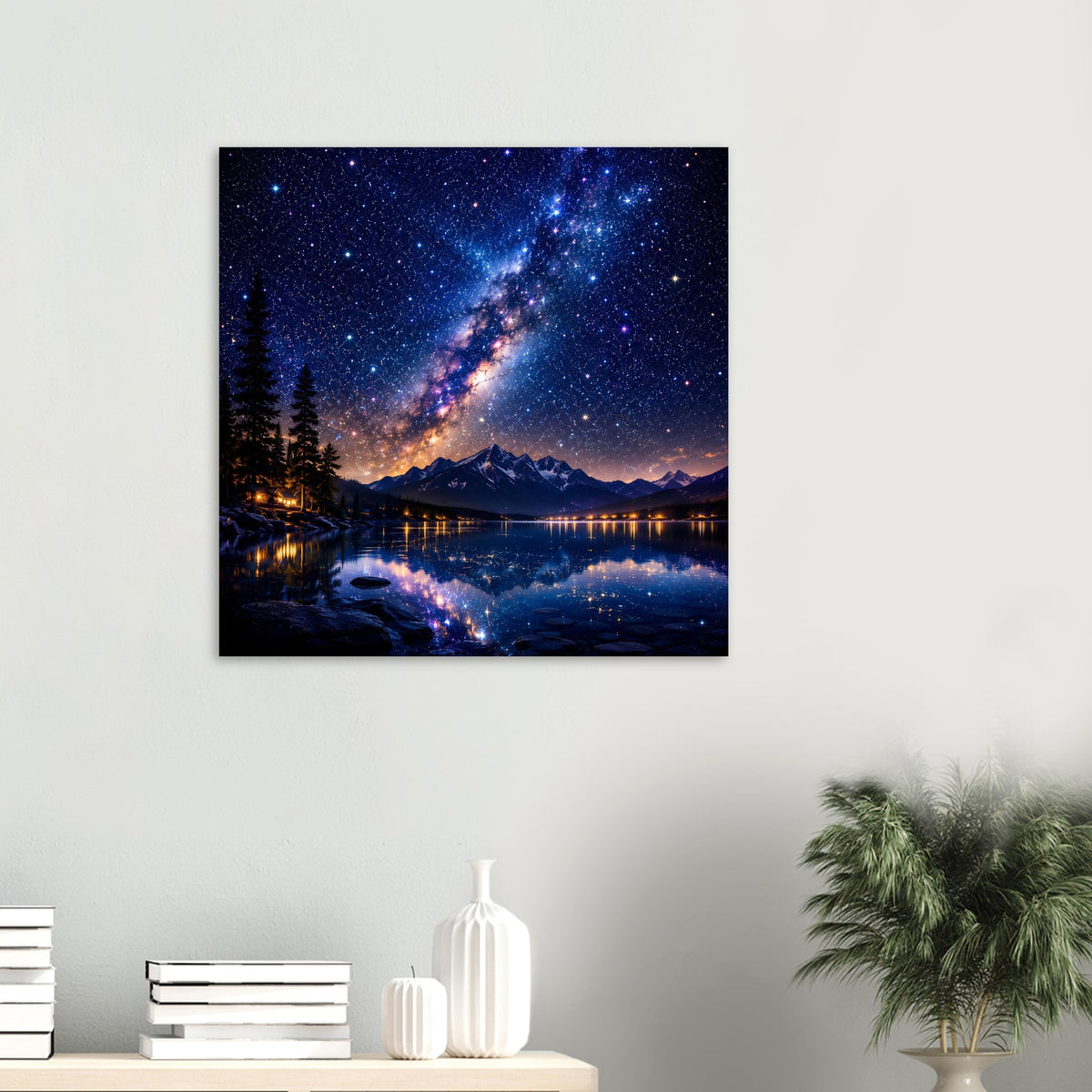Quadratisches Sternenhimmel-Poster mit Bergsee-Reflexion und Milchstraße im schwarzen Rahmen