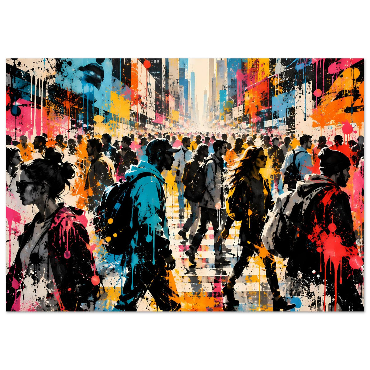 Street-Art-Poster mit belebter Straßenszene, bunten Graffiti-Elementen und Silhouetten auf Leinwandoptik