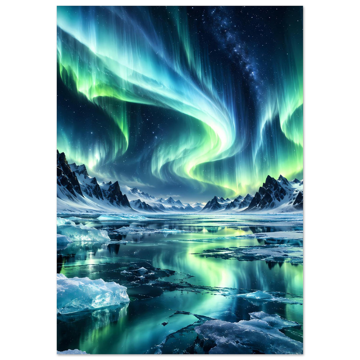 Poster mit Nordlichtern und schneebedeckten Bergspitzen, blaues Himmelsleuchten und Grün