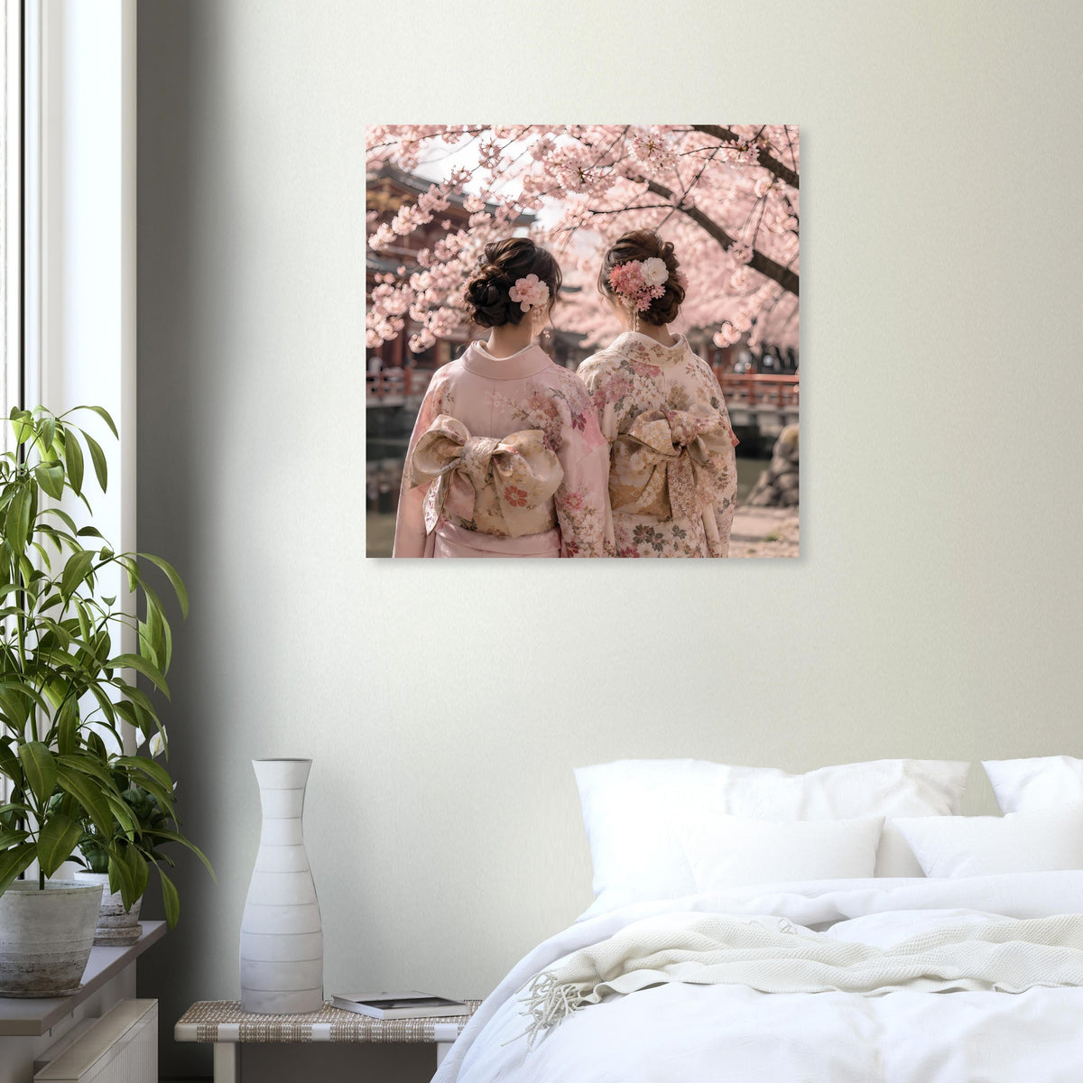 Quadratisches Wandposter mit Kirschblütenmotiv und zwei Frauen im Vordergrund