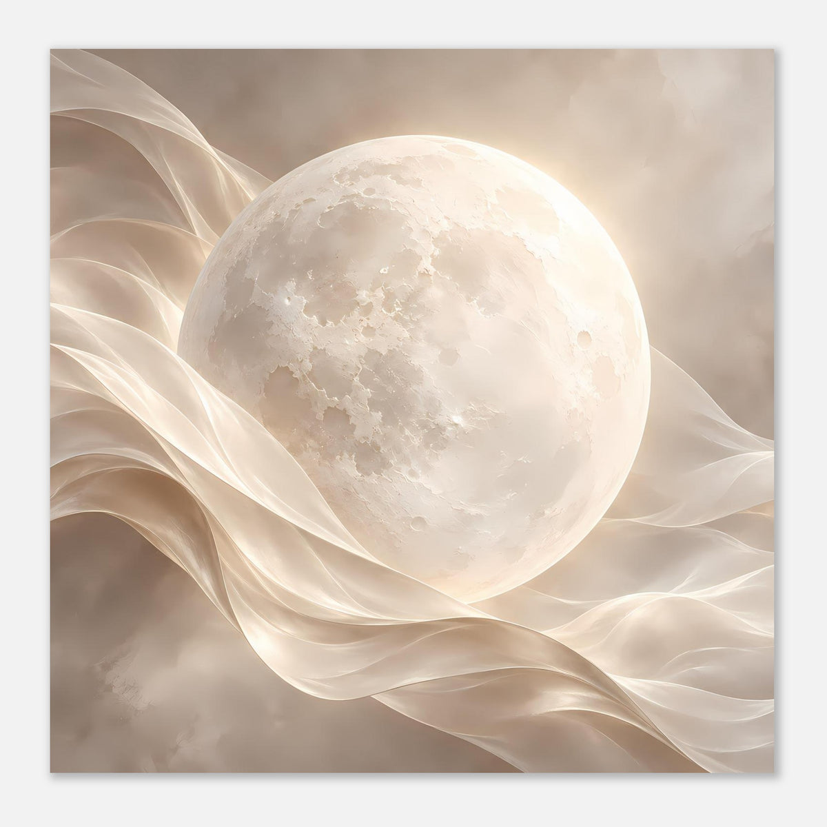 Quadratischer Kunstdruck: Vollmond und schimmernde, gewundene Stoffbahnen in Creme