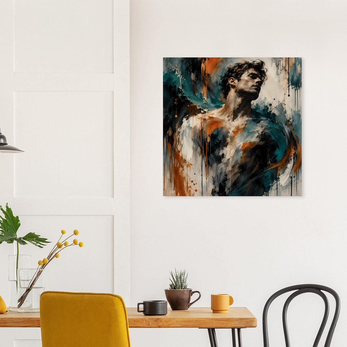 Kunstposter mit Männerporträt in Petrol und Rostorange über Holzregal