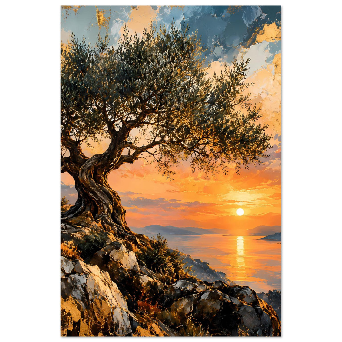 Vertikales Poster: Olivenbaum an Felsenküste, Sonnenuntergang mit Sonne am Horizont