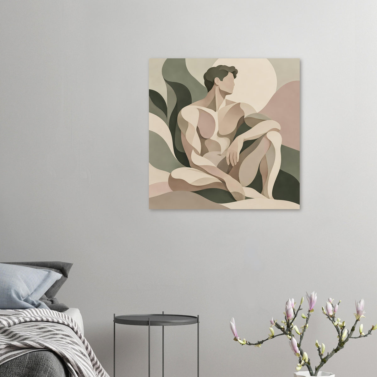 Quadratischer Kunstposter mit abstrakter sitzender Männerfigur in Erdtönen