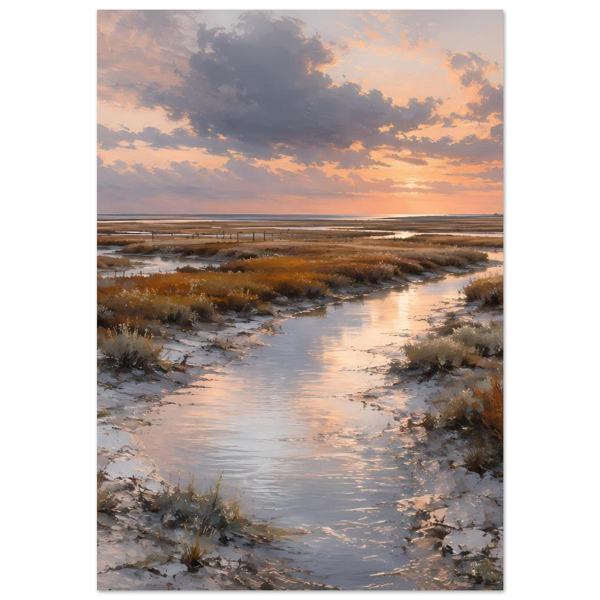 Poster im Hochformat mit Wasserlauf zwischen Dünen und Leuchtturm im Sonnenuntergang