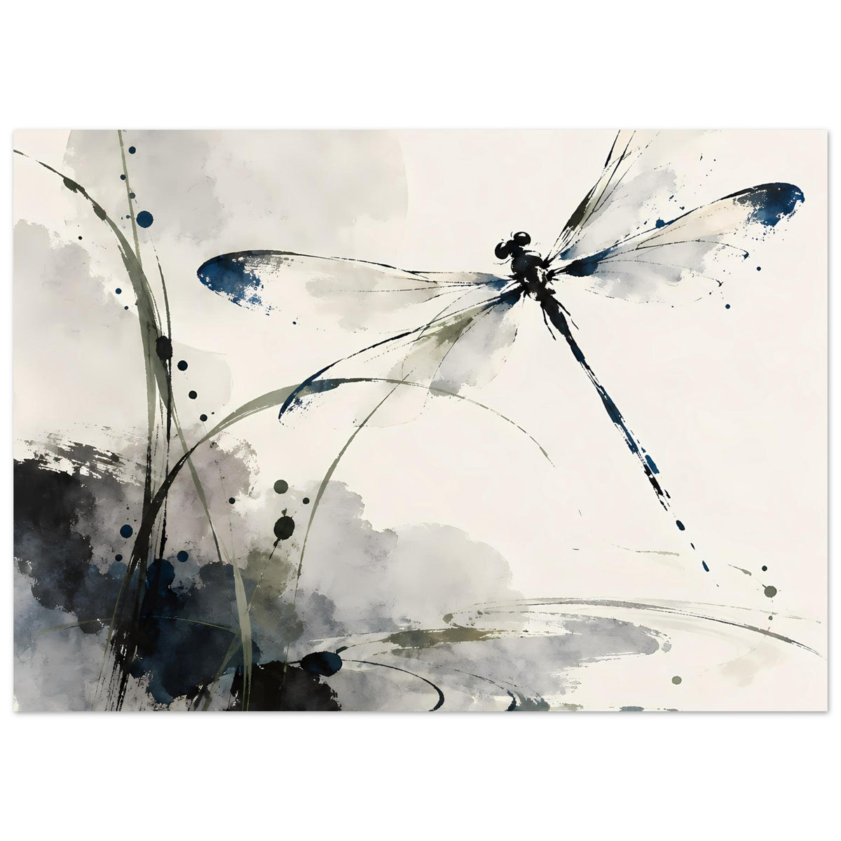 Horizontales Aquarell-Poster mit zentrierter Libelle in Blau und Grau, abstrakte Spritzer