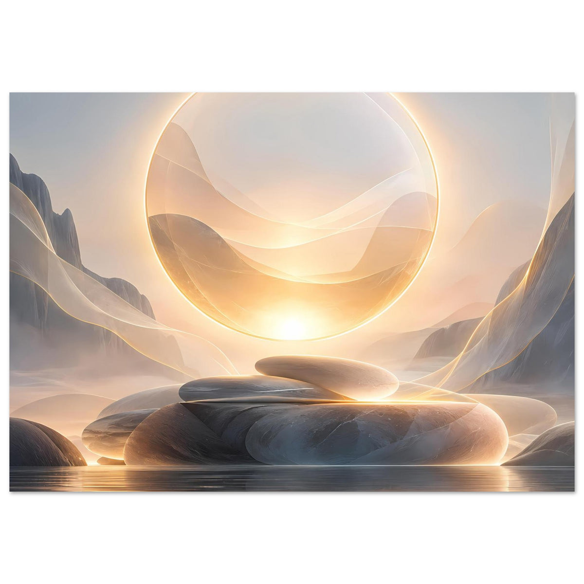 Abstraktes Poster im Querformat: leuchtender Ring über Dünen, dunkle Steine und goldene Spiegelung