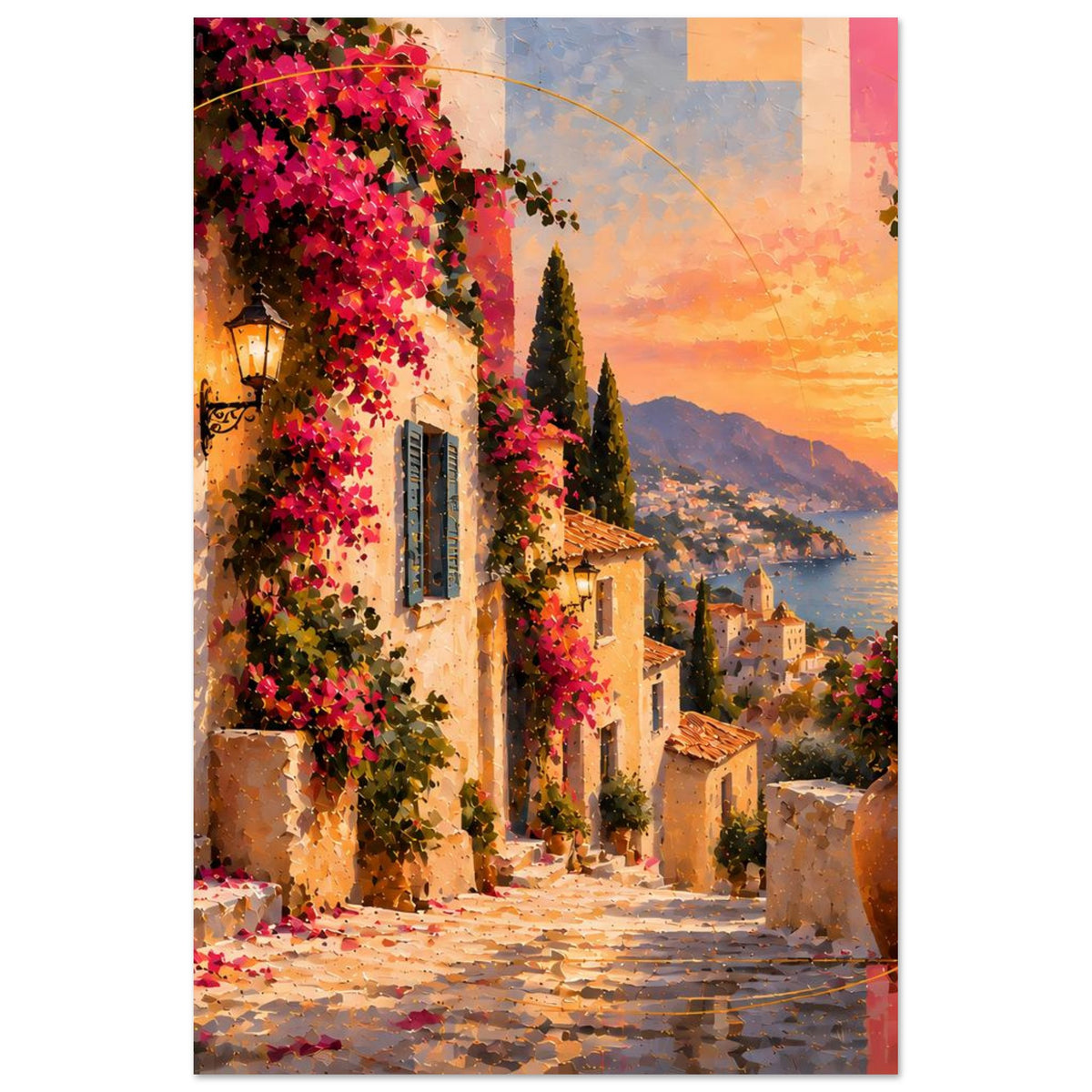 Vertikales Poster mit mediterraner Häuserzeile, bunten Blütenreben und Abendsonne über dem Wasser