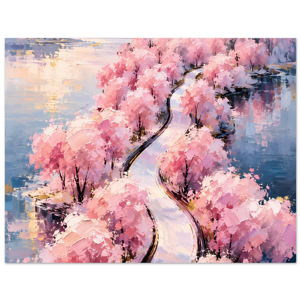 Horizontales Wandposter mit rosa Blütenbäumen, geschwungenem Weg und abstraktem Wasser
