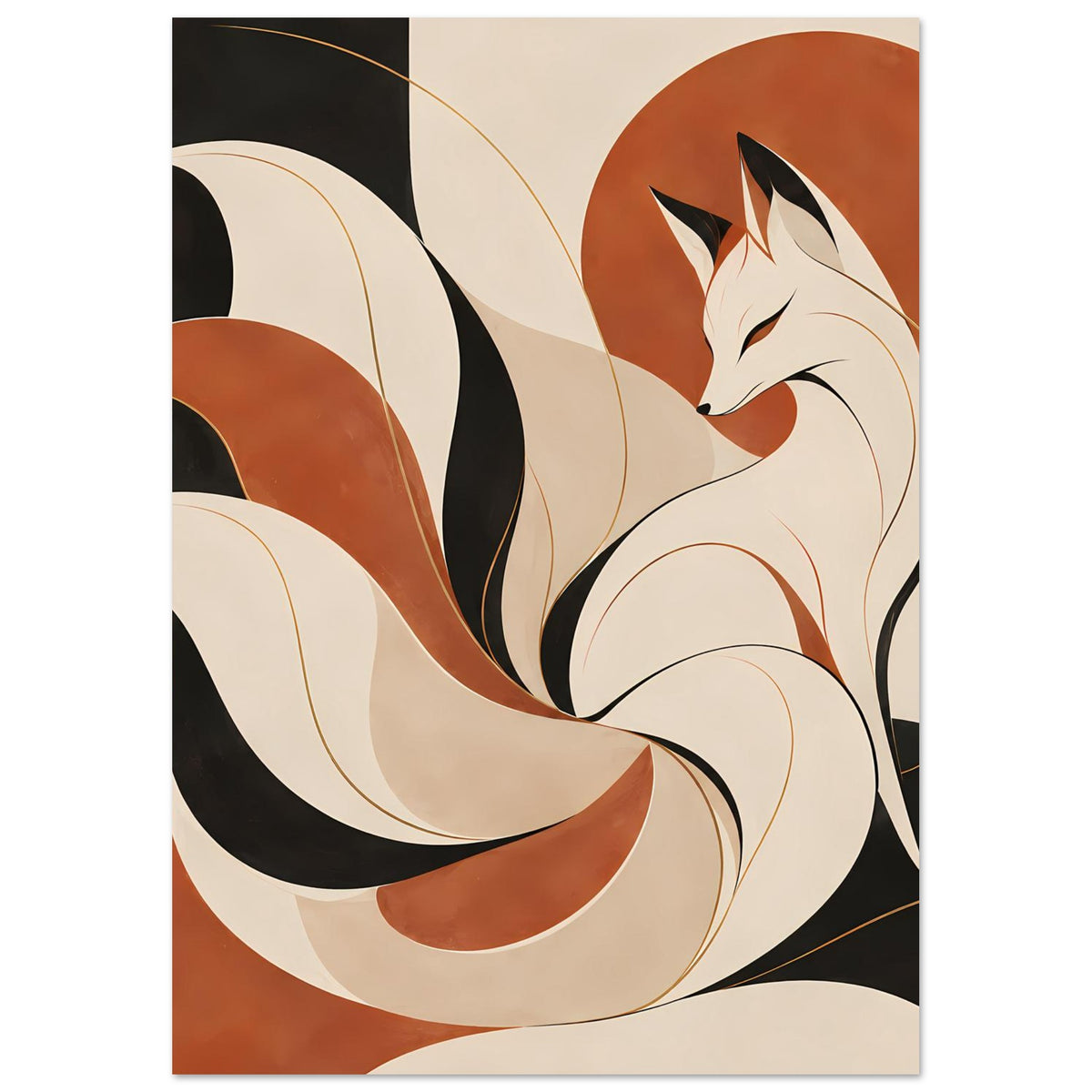 Japanisches Poster mit Kitsune-Fuchsgeist-Profil und neun Schweifen, warme Erdfarben