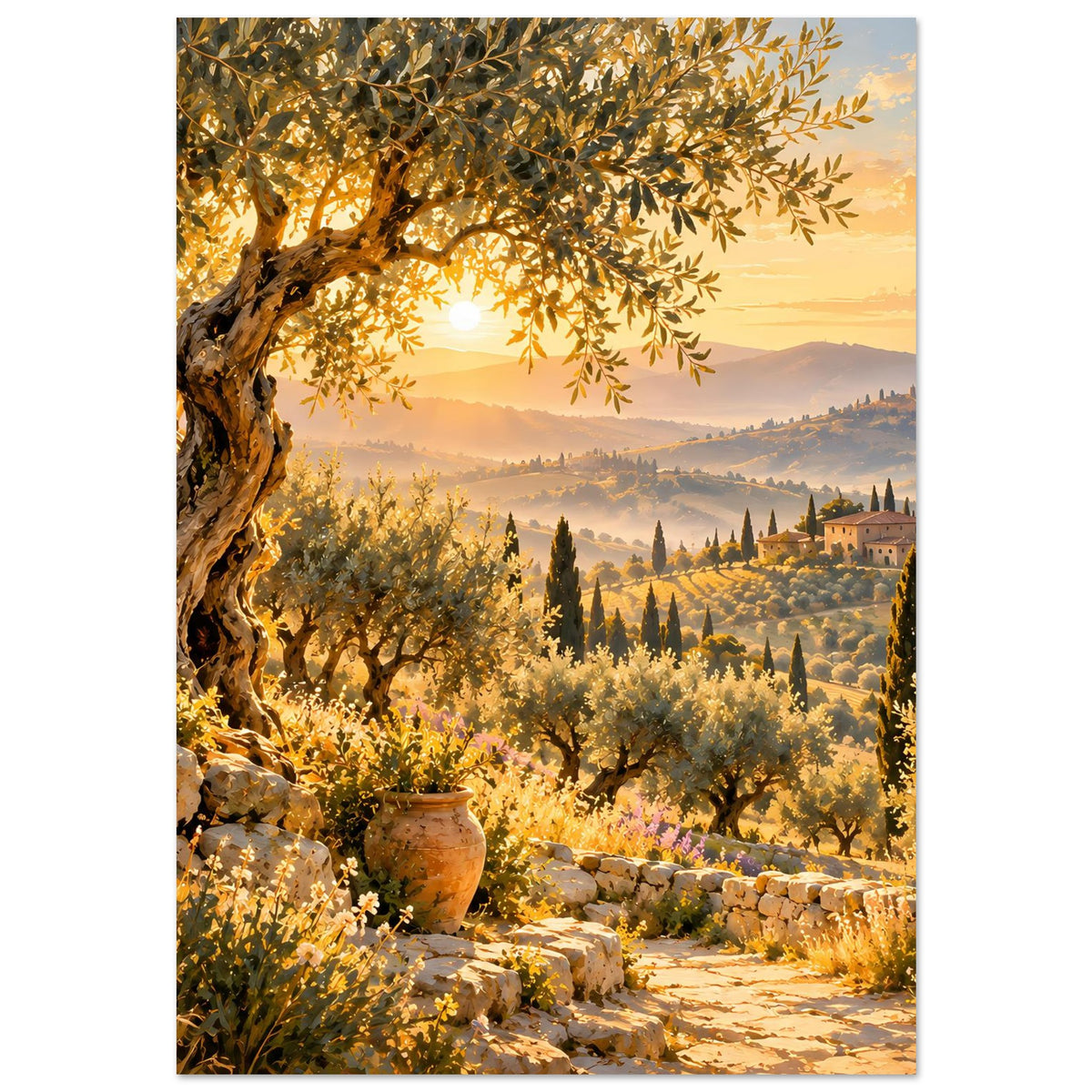 Poster mit Landschaft im warmen Licht: Olivenbaum, Zypressen, Steinweg und Sonnenaufgang