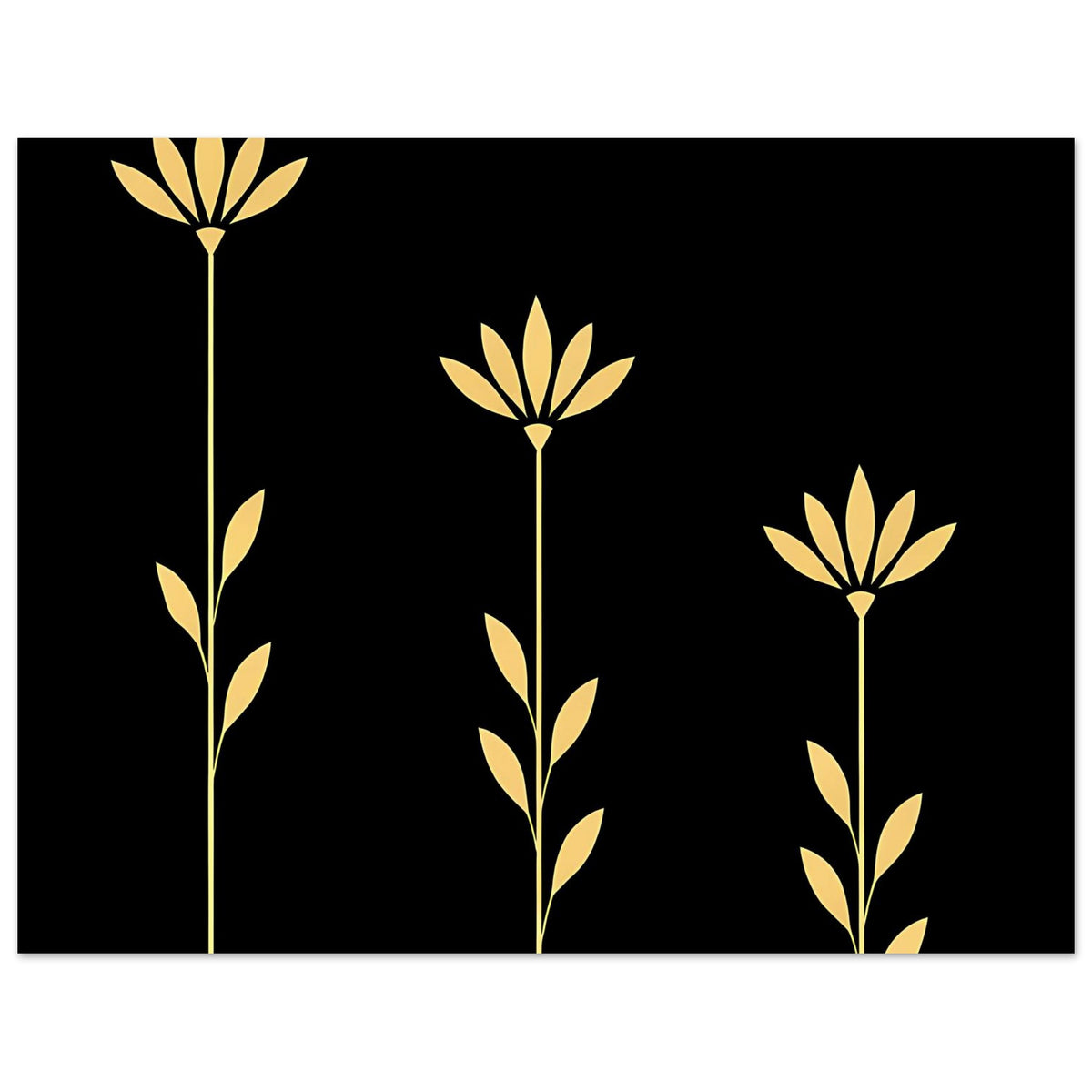 Botanisches Gold-Blumenposter, vertikal: drei goldene Blütenstiele auf schwarzem Hintergrund
