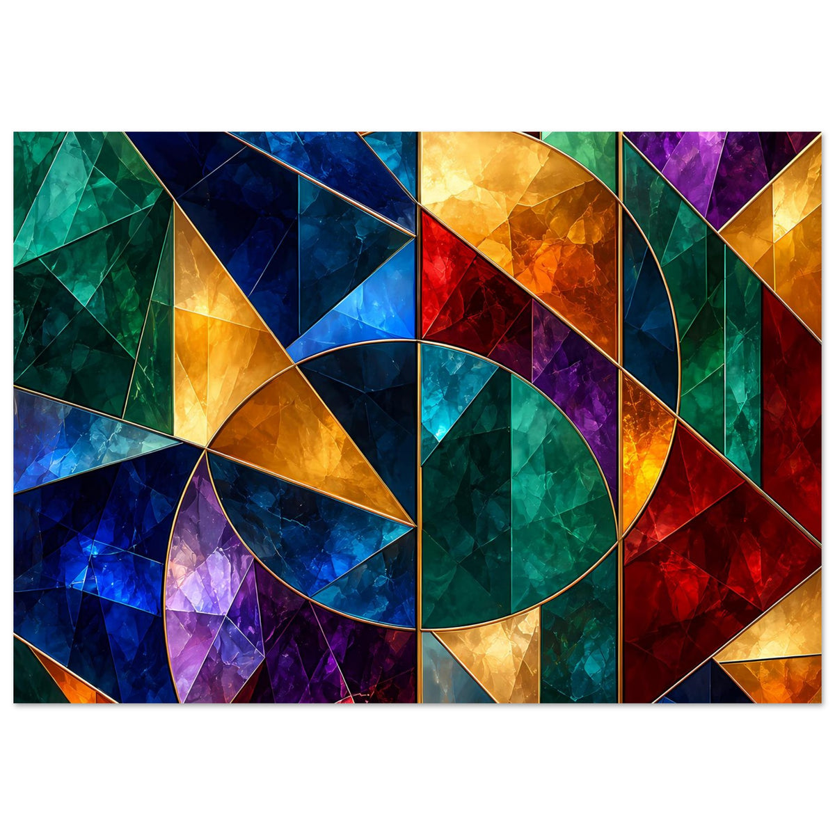 Buntes Glasfenster-Poster mit geometrischen Dreiecken und Kreisornamenten, Querformat