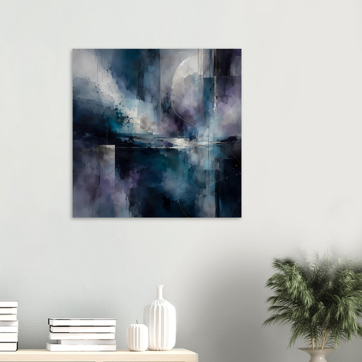 Abstraktes Kunstposter mit Blau- und Lila-Aquarellwirbeln auf dunklem Hintergrund