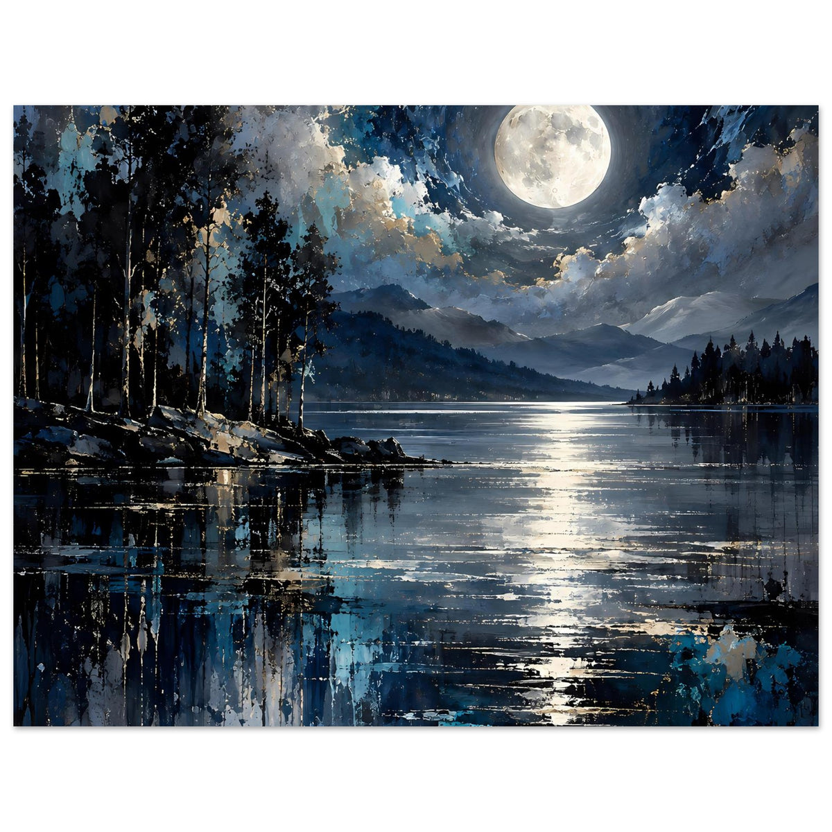 Landschaftsposter: Mond über spiegelndem See, Berge und dunkle Tannen, blaue Akzentfarbe.
