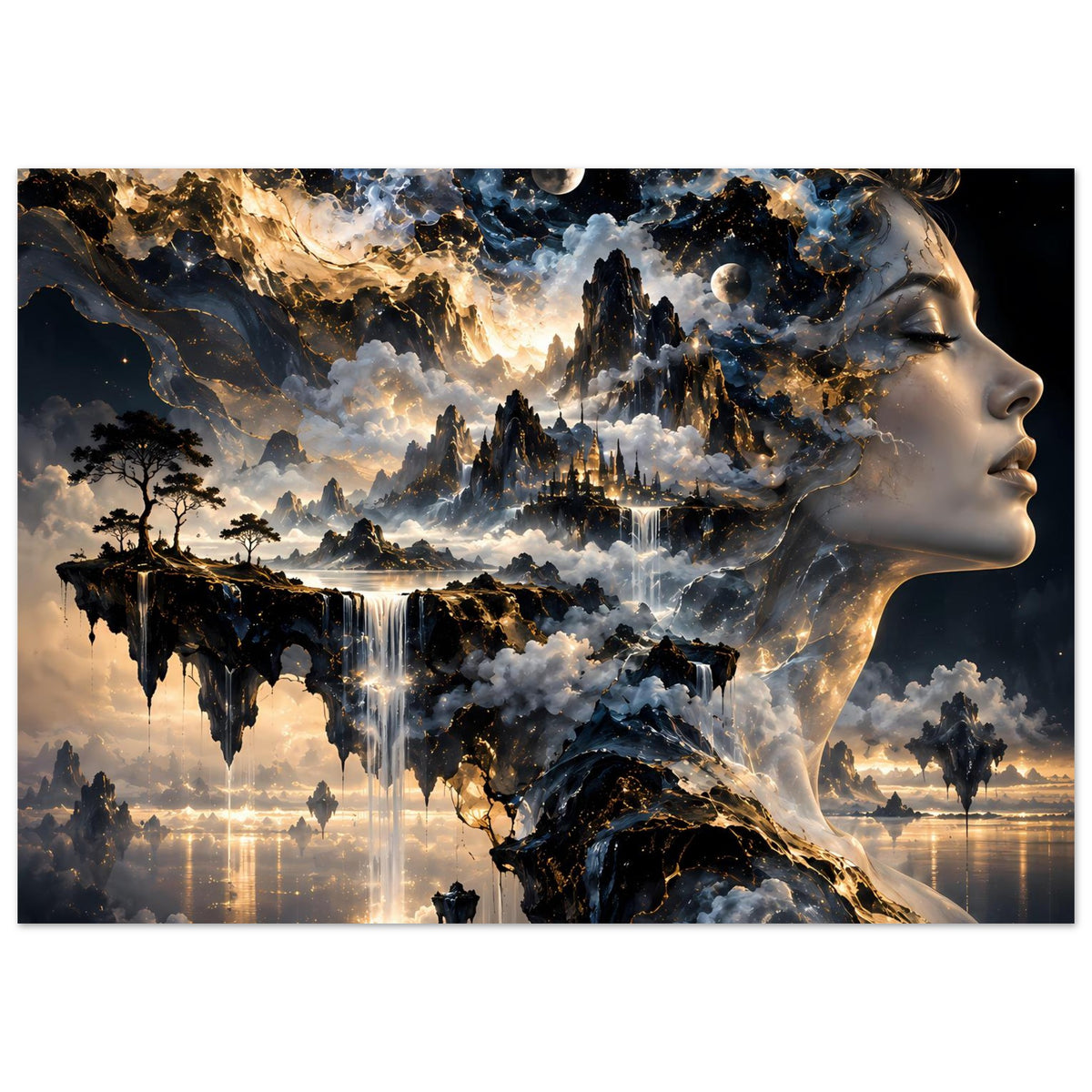 Kosmos-Poster im Querformat mit Gesicht im Profil, Wolkenlandschaft und leuchtenden Sternen