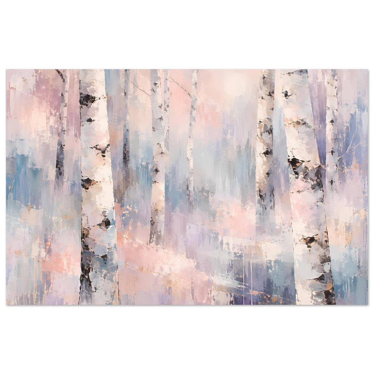 Naturposter mit Birkenwald in Pastellfarben, weiße Baumstämme mit dunklen Flecken.